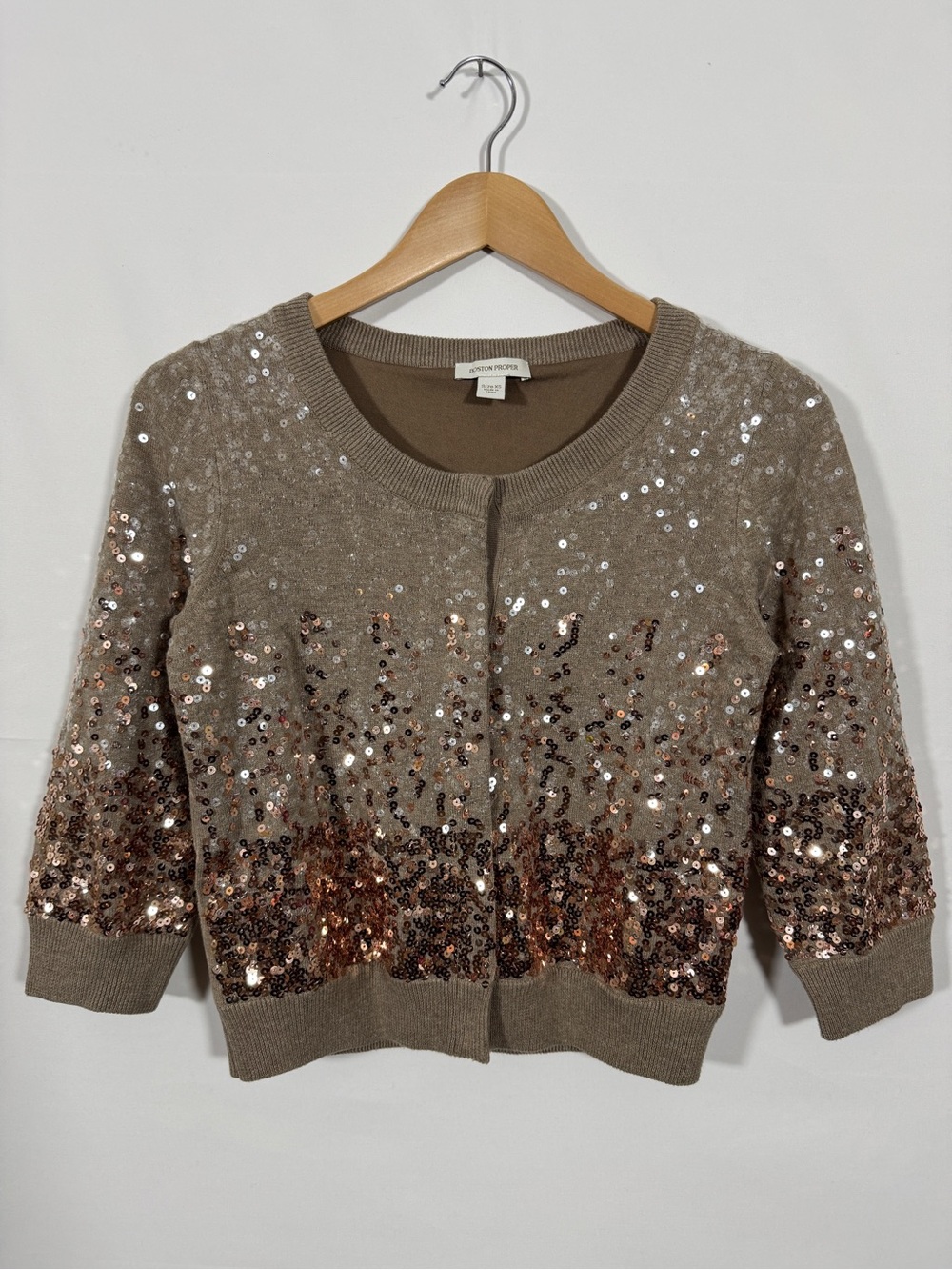 WSW1 {Boston Proper} Brown Ombre Sequin Metallic 3/4 Sleeve Cardigan Sweater